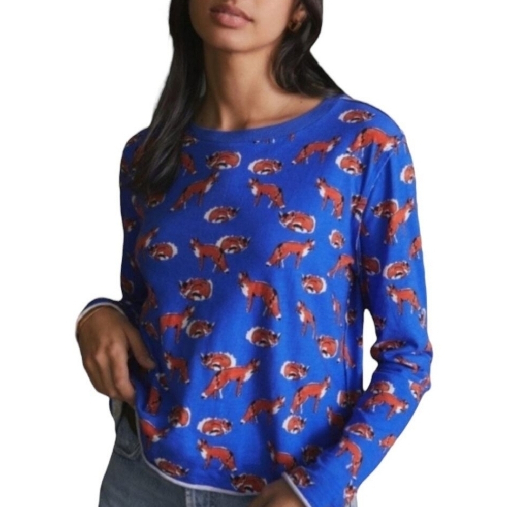 Anthropologie Blue Fox Print Long Sleeve Tee XS